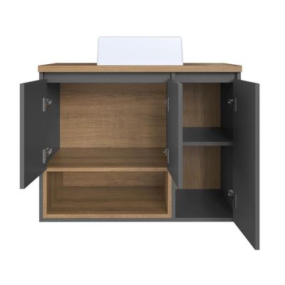 Gabinete De Banheiro Suspenso 80cm Cecília Com 03 Portas E 01 Nicho Mel-grafite Com Cuba Branca