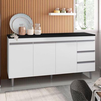 Balcão De Cozinha Andréia Branco Com Tampo 160 Cm Preto Fosco – Ajl