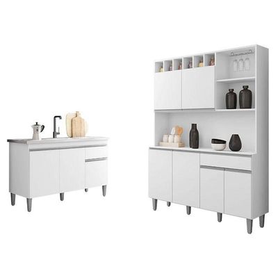 Balcão De Pia Tatiane 120 Cm E Armário Cozinha Kit Alice Branco Brilho - Ajl