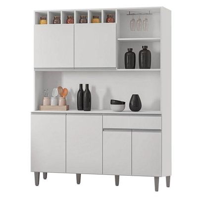 Balcão De Pia Tatiane 120 Cm E Armário Cozinha Kit Alice Branco Brilho - Ajl