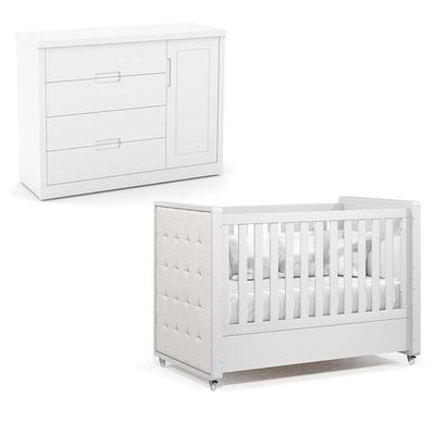 Berço Americano Com Capitonê New Boucle E Cômoda Infantil Tutto New Branco Acetinado - Matic