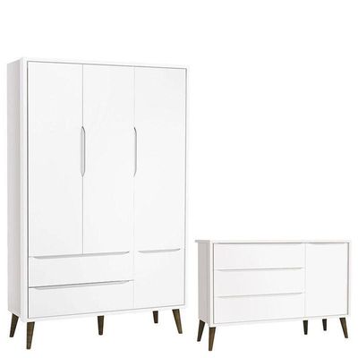 Cômoda Infantil Com Porta E Guarda Roupa 3 Portas Theo Branco Acetinado Com Pés Amadeirado ? Reller