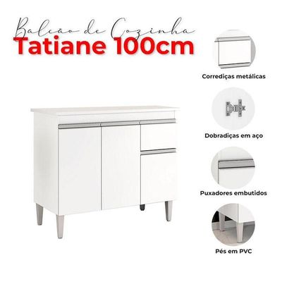 Balcão De Cozinha Tatiane Com Tampo 100cm Branco Brilho - Ajl