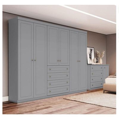Cômoda E Guarda Roupa Casal 6 Portas Americano Cinza – Henn