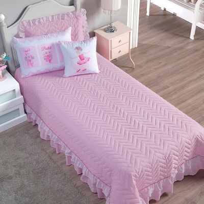 Cobre Leito Com Babado Bordado Ballet Solteiro 5 Peças - design em cor Rosa