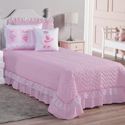 Cobre Leito Com Babado Bordado Ballet Solteiro 5 Peças - design em cor Rosa
