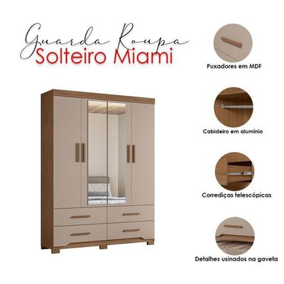 Guarda Roupa Solteiro Miami 4 Portas Carvalho Fendi Com Espelho - Moval