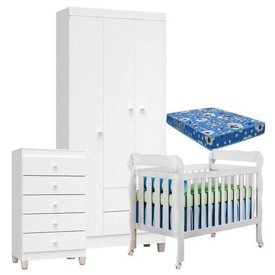 Quarto De Bebê 3 Portas Com Gaveteiro Ternura Baby E Berço Lila Branco Brilho Com Colchão - Incorplac