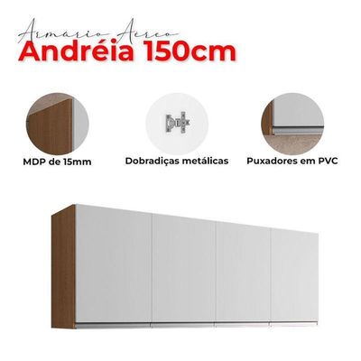 Armário Aéreo Para Cozinha Andréia 4 Portas 150cm Amêndoa Branco - Ajl