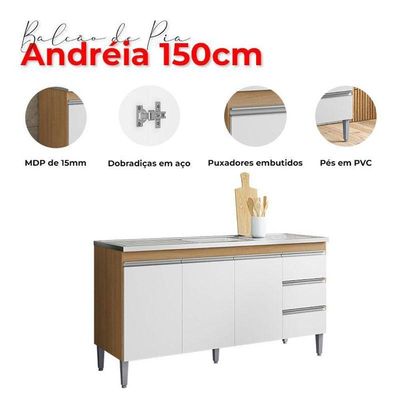 Balcão De Pia 150cm E Armário Aéreo Andreia Amêndoa Branco - Ajl