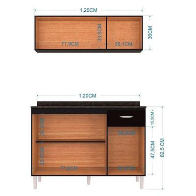 Balcão De Cozinha Com Tampo E Armário Aéreo 120 Cm Preto – Poquema