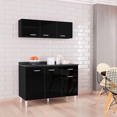 Balcão De Cozinha Com Tampo E Armário Aéreo 120 Cm Preto – Poquema