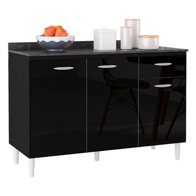 Balcão De Cozinha Com Tampo E Armário Aéreo 120 Cm Preto – Poquema
