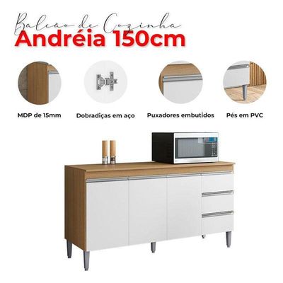 Balcão De Cozinha Ambiente Andréia Com Tampo 150cm Amêndoa Branco - Ajl