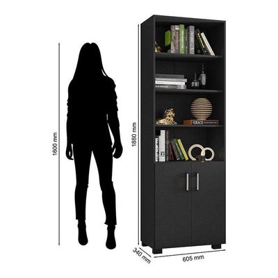 Kit 2 Gaveteiros Para Escritório Gávea Com Chave E 2 Livreiros Office Com Portas Pequenas Preto Fosco – Móveis Leão