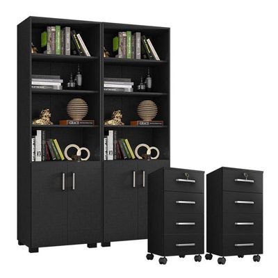 Kit 2 Gaveteiros Para Escritório Gávea Com Chave E 2 Livreiros Office Com Portas Pequenas Preto Fosco – Móveis Leão