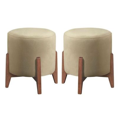 Kit 2 Puff Decorativo Para Sala Redondo Luxo Dallas Corino Bege