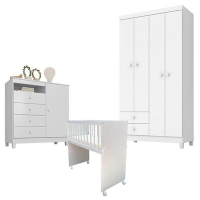Quarto Bebê 4 Portas Ternura Baby E Mini Berço Moisés Alegria Com Colchão Branco Flex - Incorplac