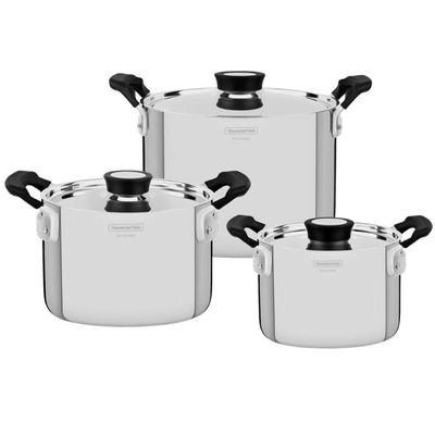 Jogo de 3 Panelas Tramontina Grano Compact Aço Inox Triplo