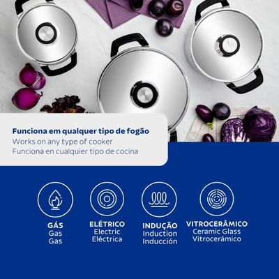 Jogo de 3 Panelas Tramontina Grano Compact Aço Inox Triplo