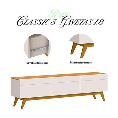 Rack Bancada Classic 3 Gavetas E Painel Para Tv Suspenso Ripado Loft 1.8 Off White Nature - Imcal