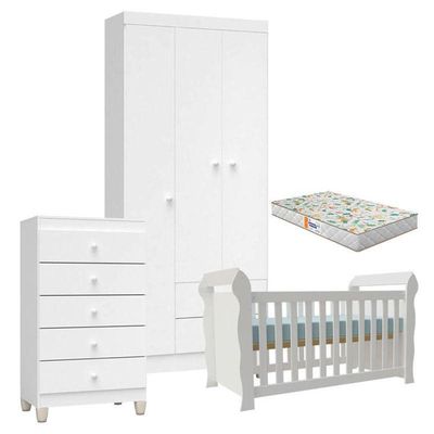 Quarto De Bebê 4 Portas Com Gaveteiro Ternura Baby E Berço Lara Branco Brilho Com Colchão Gazin - Incorplac
