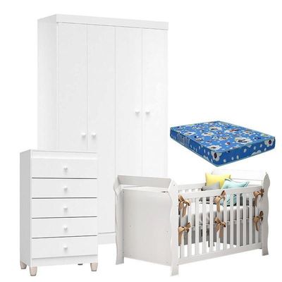 Quarto De Bebê 4 Portas Com Gaveteiro Ternura Baby E Berço Lara Branco Brilho Com Colchão - Incorplac