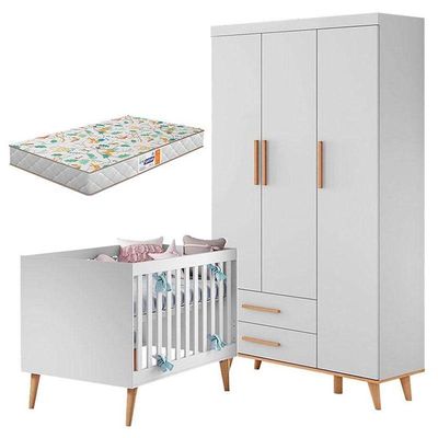 Berço Americano E Guarda Roupa Infantil Ludmila Branco Bétula Com Colchão Gazin – Carolina