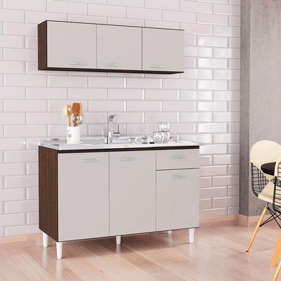 Balcão De Pia E Armário Aéreo 120 Cm Chocolate Off White – Poquema