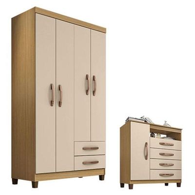 Guarda Roupa Solteiro Modena Com 4 Portas E Cômoda Sapateira Cannes Carvalho Americano Off White – Incorplac
