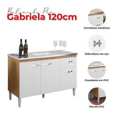 Balcão De Pia Gabriela 120cm E Armário Aéreo Andréia Amêndoa Branco - Ajl