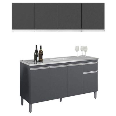 Balcão De Pia Tatiane 145 Cm E Armário Aéreo Andréia 4 Portas 160 Cm Cinza Fosco – Ajl