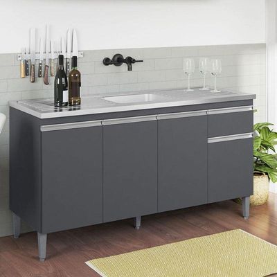 Balcão De Pia Tatiane 145 Cm E Armário Aéreo Andréia 4 Portas 160 Cm Cinza Fosco – Ajl
