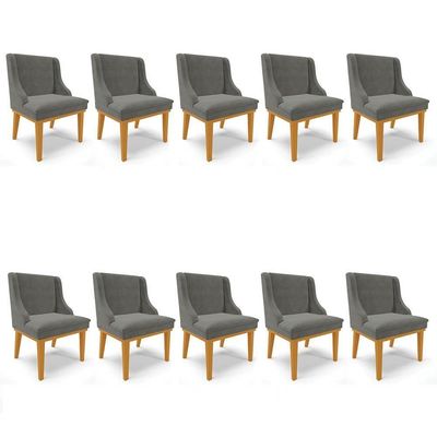 Kit 10 Cadeiras Estofadas Para Sala De Jantar Base Fixa De Madeira Castanho Lia Suede Grafite - Ibiza