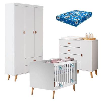 Quarto De Bebê Duda Com Berço Americano Ludmila Branco Acetinado Bétula E Colchão Ortobom - Carolina