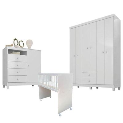 Quarto Bebê 6 Portas Ternura Baby E Mini Berço Moisés Alegria Com Colchão Branco Flex - Incorplac
