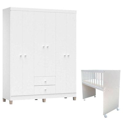 Mini Berço Moisés Alegria Com Colchão E Guarda Roupa Ternura Baby 6 Portas Branco Brilho - Incorplac