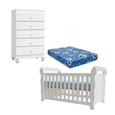 Berço Americano Lara Com Colchão Para Berço Americano E Cômoda Gaveteiro Ternura Baby Branco Brilho - Incorplac
