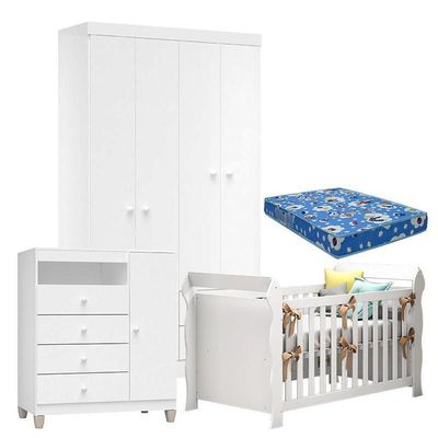 Quarto De Bebê 4 Portas Ternura Baby Com Berço Lara Branco Brilho Com Colchão Para Berço Americano - Incorplac