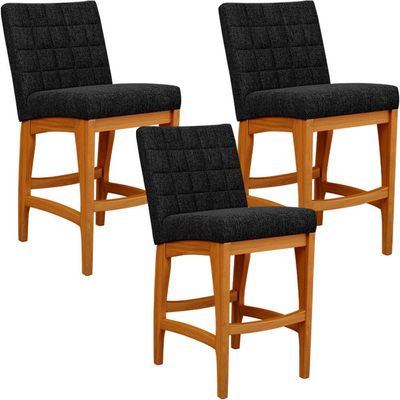 Kit 03 Banquetas Baixa Para Cozinha Bancada Bar Sala Jantar Fixa Mila L02 Linho Chumbo - Lyam Decor