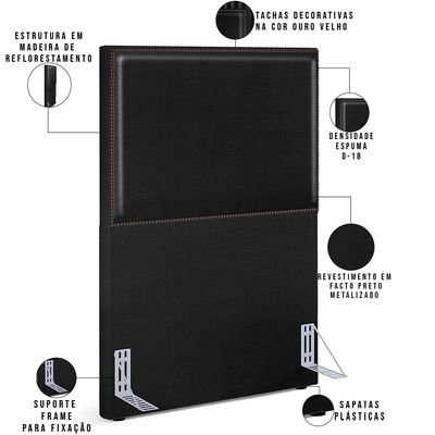 Cabeceira Box Solteiro Com Tachas 100 cm Vicenza L02 Facto Preto Metalizado - Lyam Decor