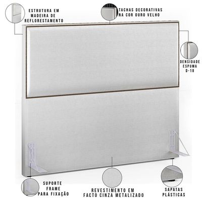 Cabeceira Box Casal Queen Com Tachas 160 cm Vicenza L02 Facto Cinza Metalizado - Lyam Decor