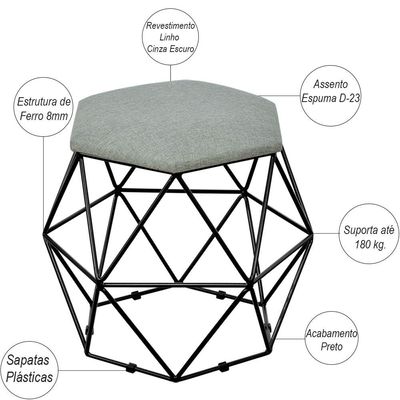 Kit 03 Puffs Decorativo Aramado Preto Six L02 Linho Cinza Escuro - Lyam Decor