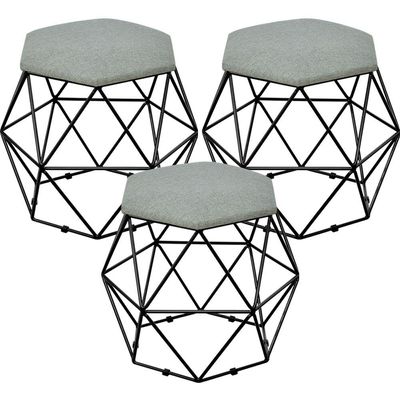 Kit 03 Puffs Decorativo Aramado Preto Six L02 Linho Cinza Escuro - Lyam Decor