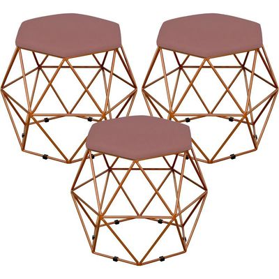 Kit 03 Puffs Decorativo Aramado Bronze Six L02 Suede Rosê - Lyam Decor