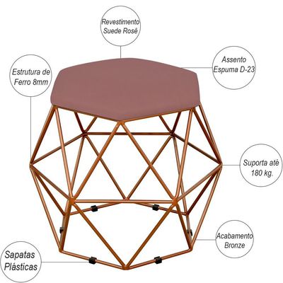 Kit 03 Puffs Decorativo Aramado Bronze Six L02 Suede Rosê - Lyam Decor