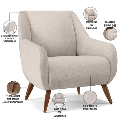 Poltrona Decorativa Fixa Pés de Madeira Paloma D02 Linho Cru C-443 - Lyam Decor