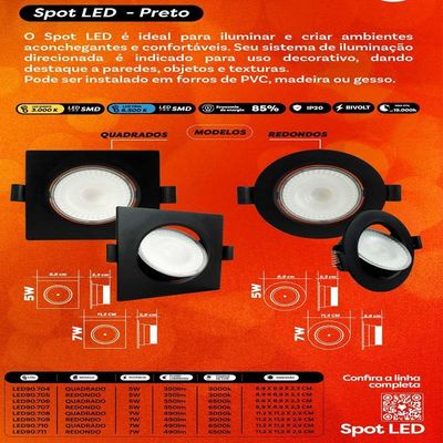 Spot Led 7w Redondo 6500k Preto Bivolt Foxlux