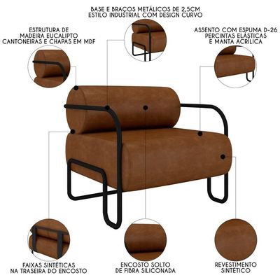 Poltrona Decorativa Para Sala Industrial Kit 2 Kira K04 Sintético Marrom - Mpozenato