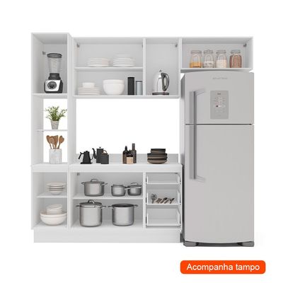 Cozinha Completa com Tampo e Rodapé Amara 8 Portas 3 Gavetas Creme e Branca
